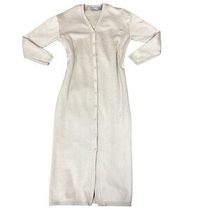 Liz Claiborne Cotton Knit V-Neck Button Up Long Sleeve Midi Dress S Beige 89A